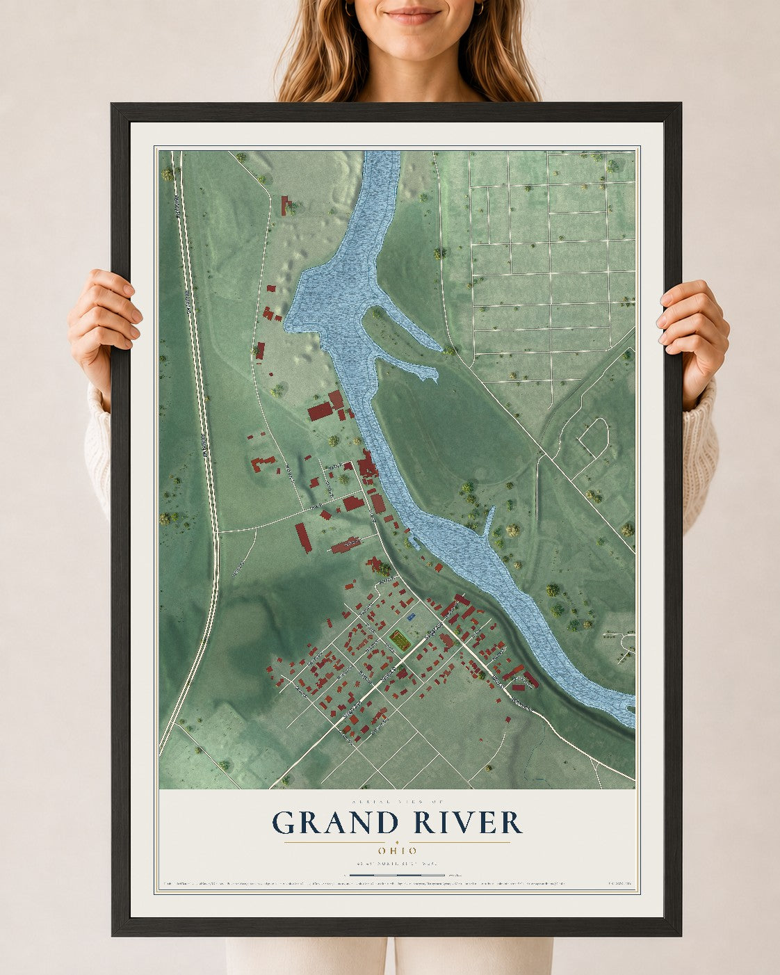 Map of Grand River, Ohio, 24 x 36 inch print in a black wood frame
