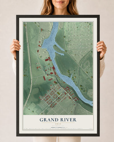 Map of Grand River, Ohio, 24 x 36 inch print in a black wood frame