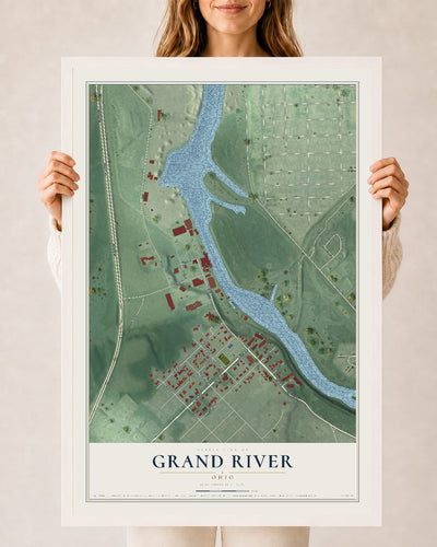 Map of Grand River, Ohio, 24 x 36 inch print in a white wood frame