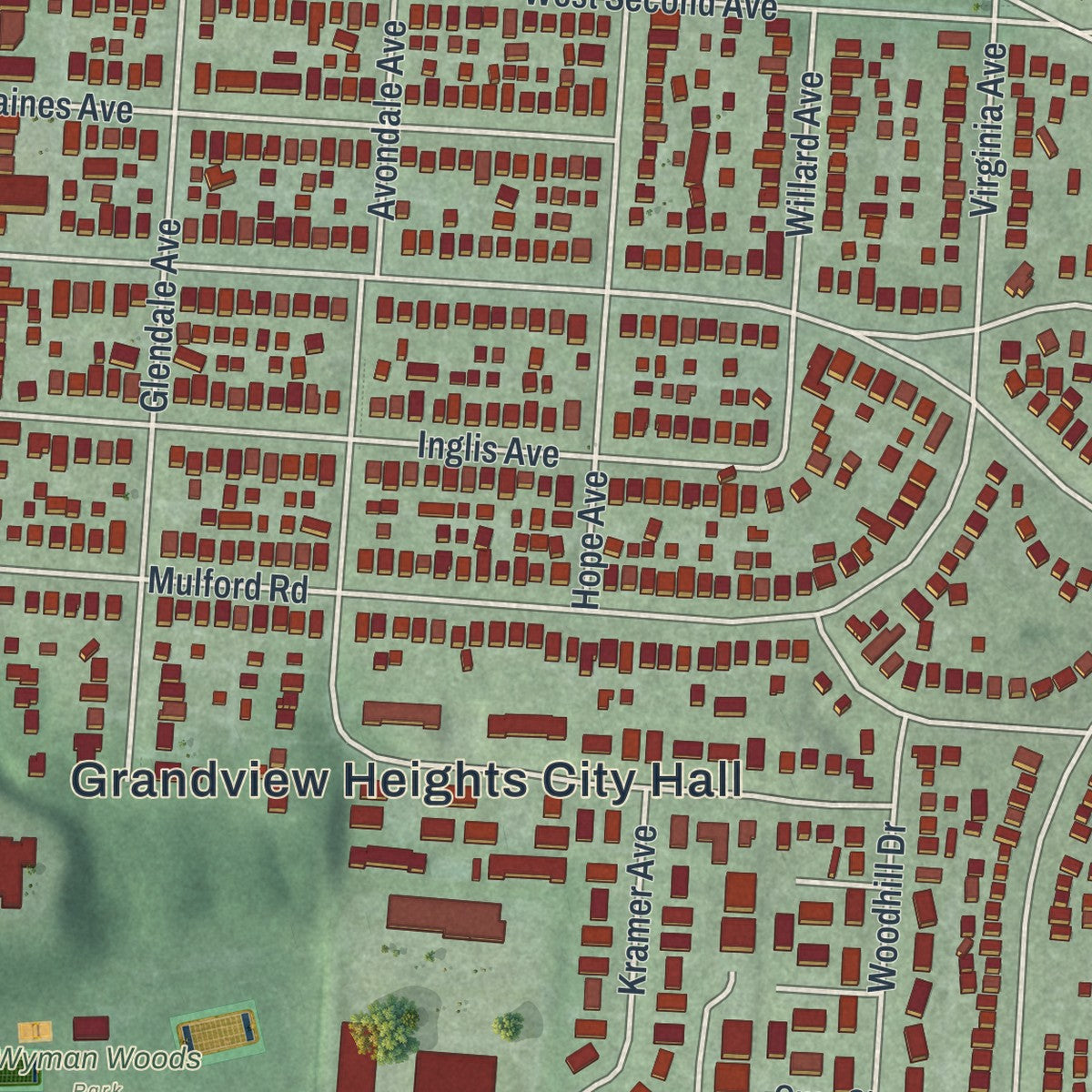 Close-up of the map of Grandview Heights, Ohio print showing street and building detail