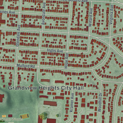 Close-up of the map of Grandview Heights, Ohio print showing street and building detail