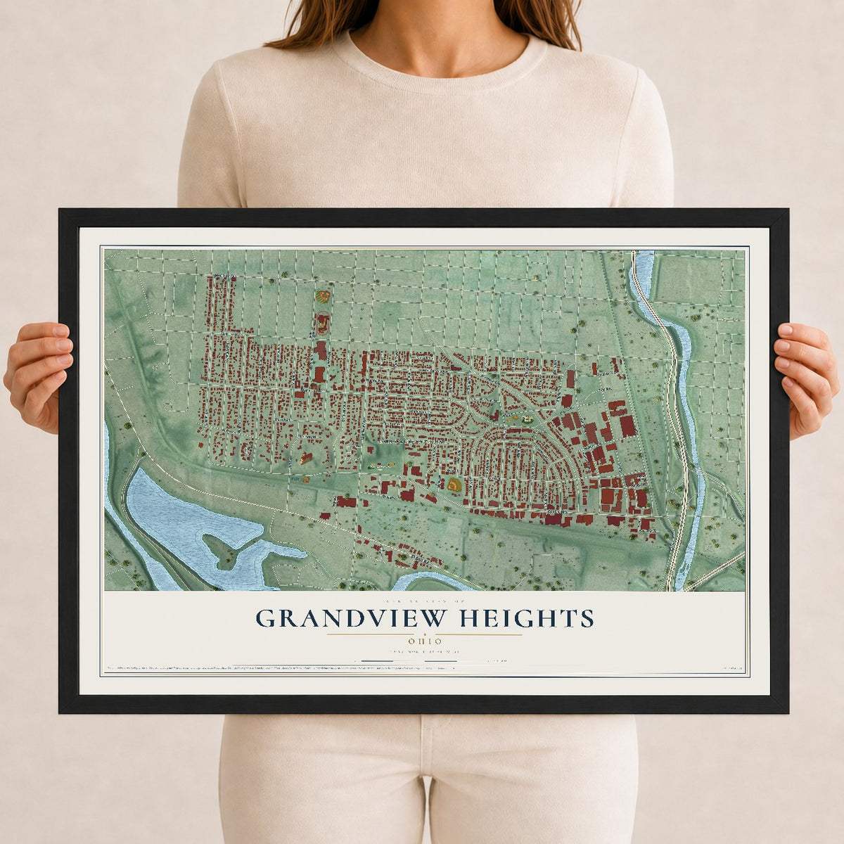 Map of Grandview Heights, Ohio, 12 x 18 inch print in a black wood frame