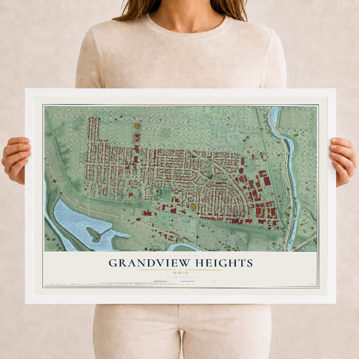 Map of Grandview Heights, Ohio, 12 x 18 inch print in a white wood frame
