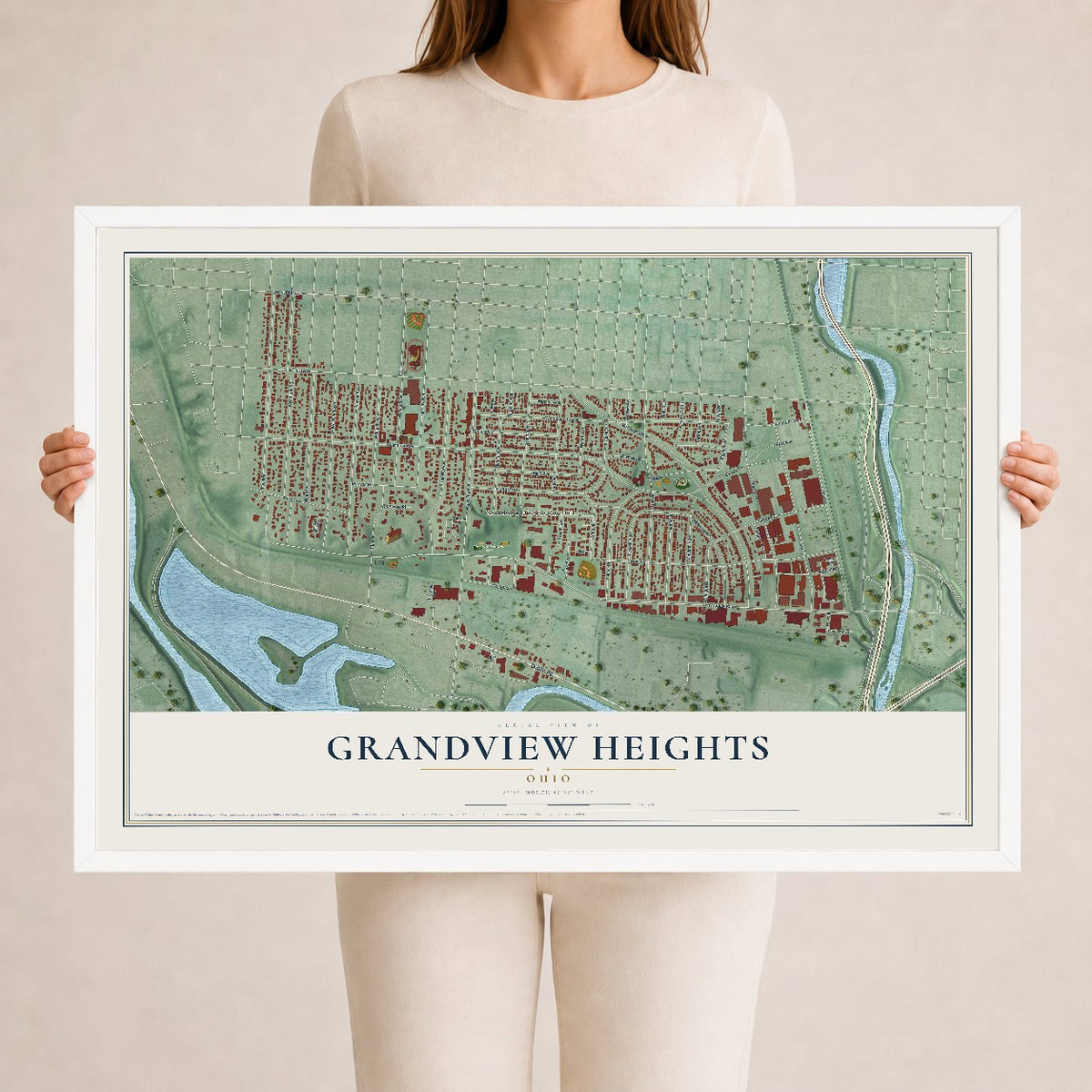 Map of Grandview Heights, Ohio, 24 x 36 inch print in a white wood frame