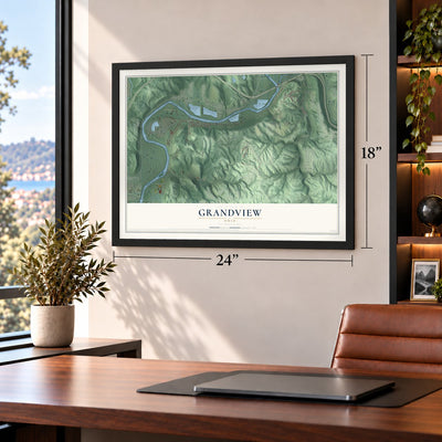 Grandview, Ohio map, 18 x 24 inch print in a black frame in a home office