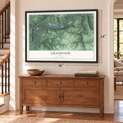 Grandview, Ohio map, 24 x 36 inch print in a black frame above a dresser by a staircase