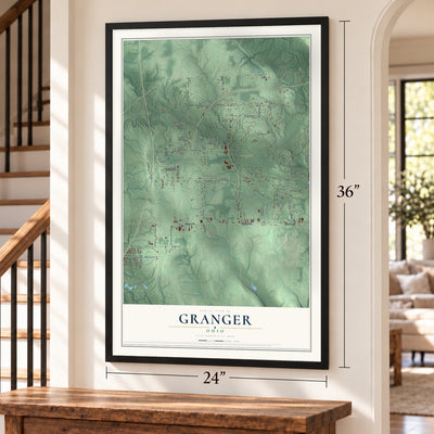 Granger, Ohio map, 24 x 36 inch print in a black frame by a staircase
