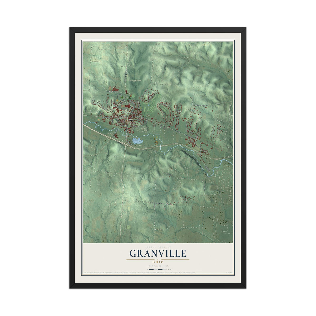 Map of Granville, Ohio, 12 x 18 inch print in a black wood frame