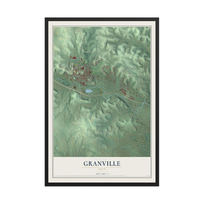 Map of Granville, Ohio, 12 x 18 inch print in a black wood frame