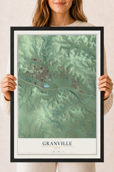 Map of Granville, Ohio, 18 x 24 inch print in a black wood frame