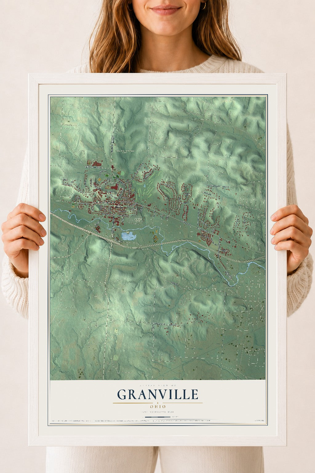Map of Granville, Ohio, 18 x 24 inch print in a white wood frame