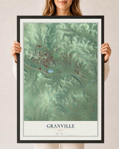 Map of Granville, Ohio, 24 x 36 inch print in a black wood frame