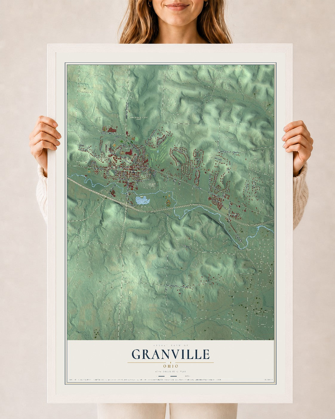 Map of Granville, Ohio, 24 x 36 inch print in a white wood frame