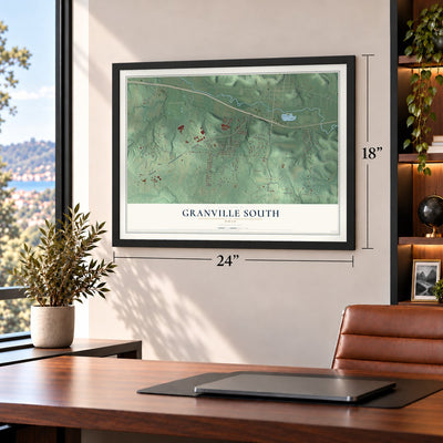 Granville South, Ohio map, 18 x 24 inch print in a black frame in a home office