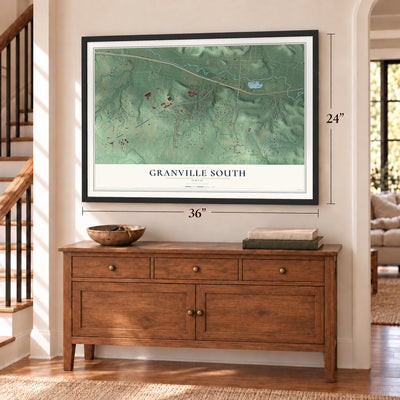 Granville South, Ohio map, 24 x 36 inch print in a black frame above a dresser by a staircase