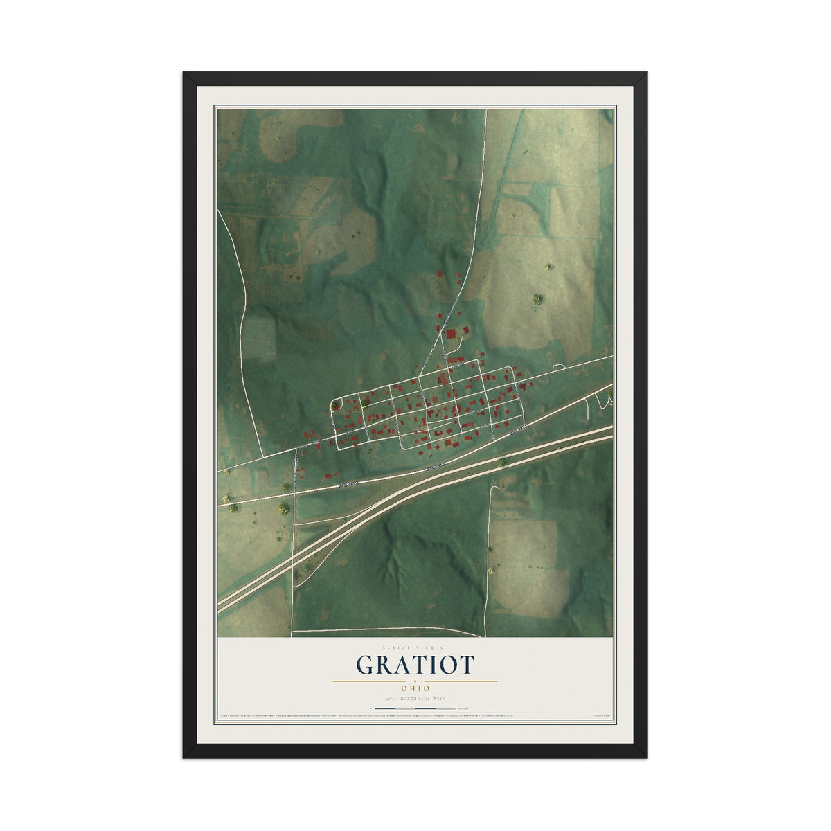Map of Gratiot, Ohio, 12 x 18 inch print in a black wood frame