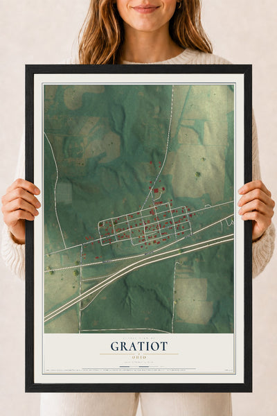 Map of Gratiot, Ohio, 18 x 24 inch print in a black wood frame