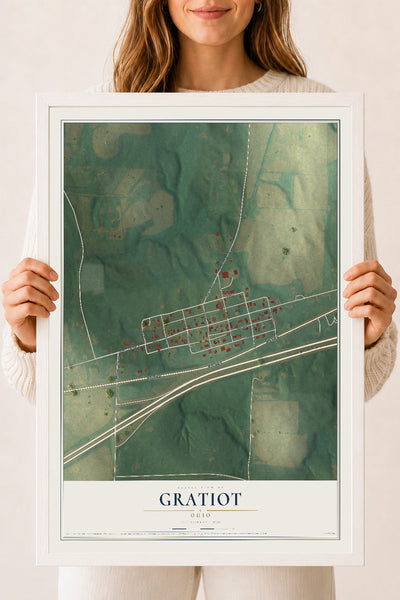 Map of Gratiot, Ohio, 18 x 24 inch print in a white wood frame