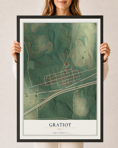 Map of Gratiot, Ohio, 24 x 36 inch print in a black wood frame
