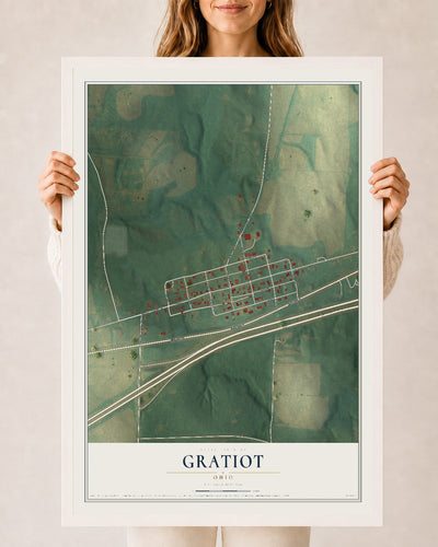 Map of Gratiot, Ohio, 24 x 36 inch print in a white wood frame