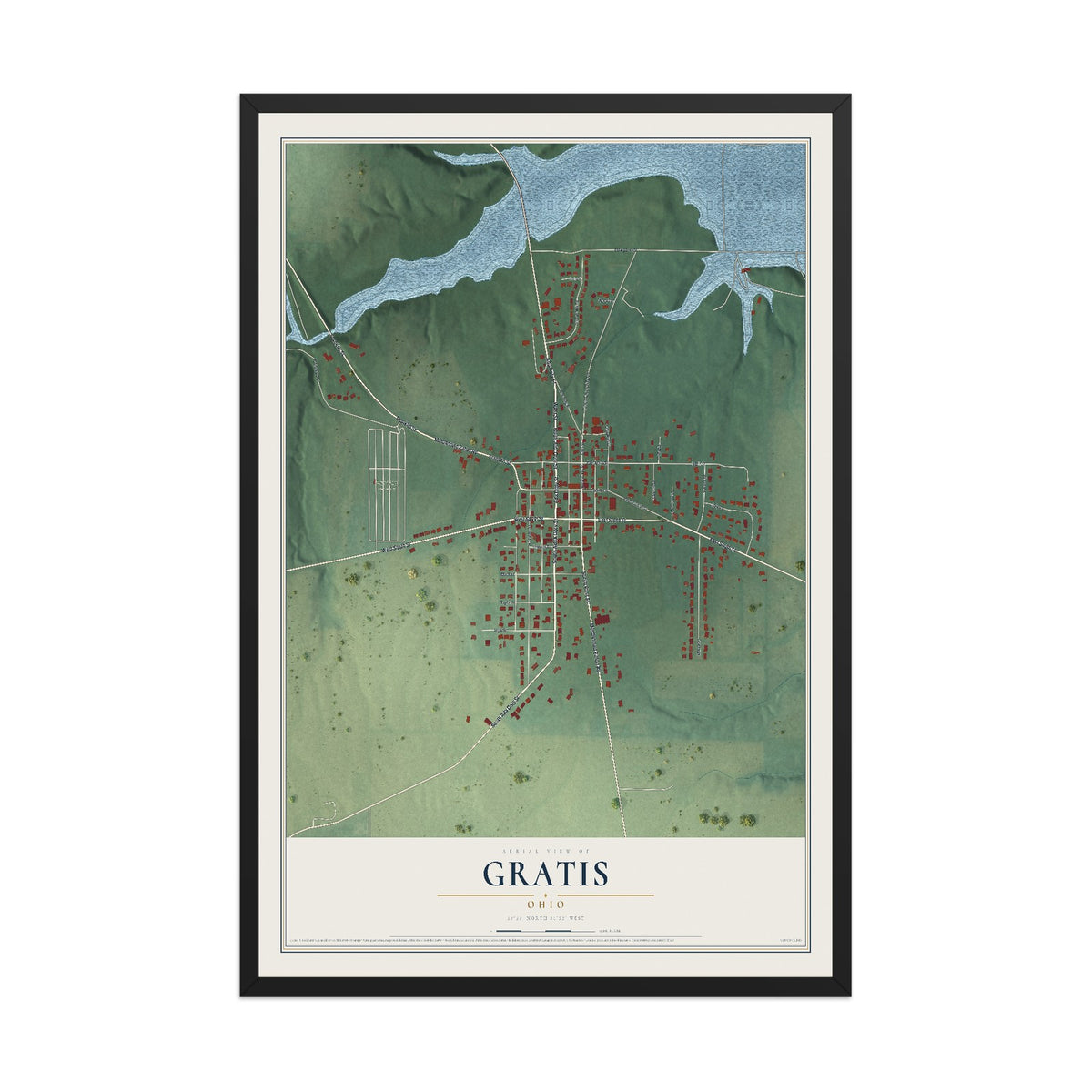 Map of Gratis, Ohio, 12 x 18 inch print in a black wood frame