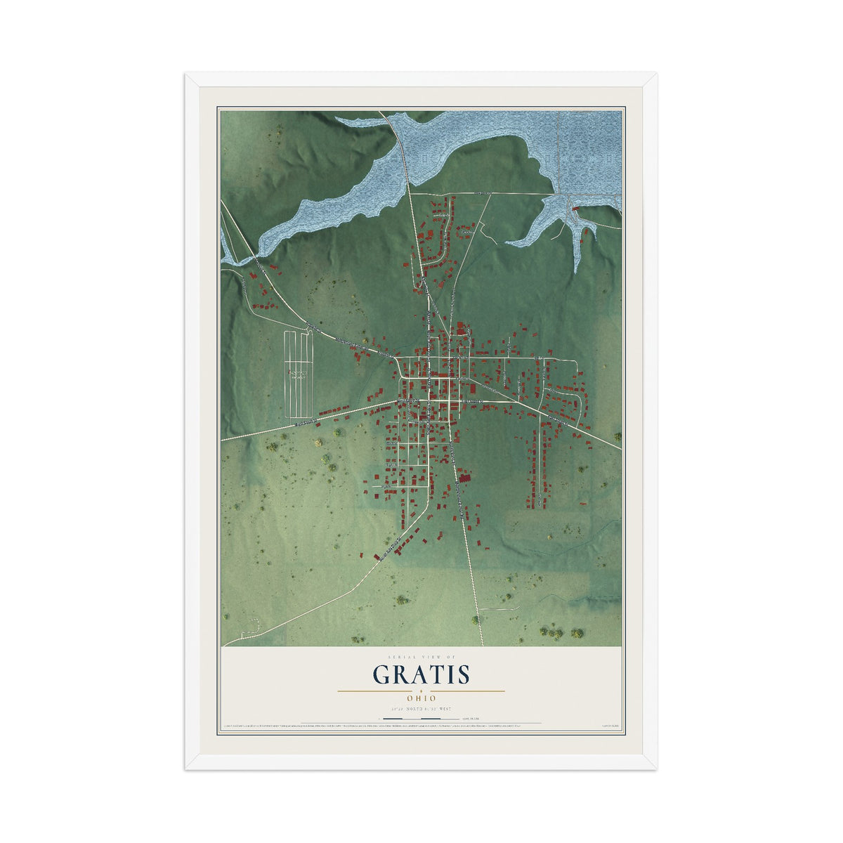 Map of Gratis, Ohio, 12 x 18 inch print in a white wood frame