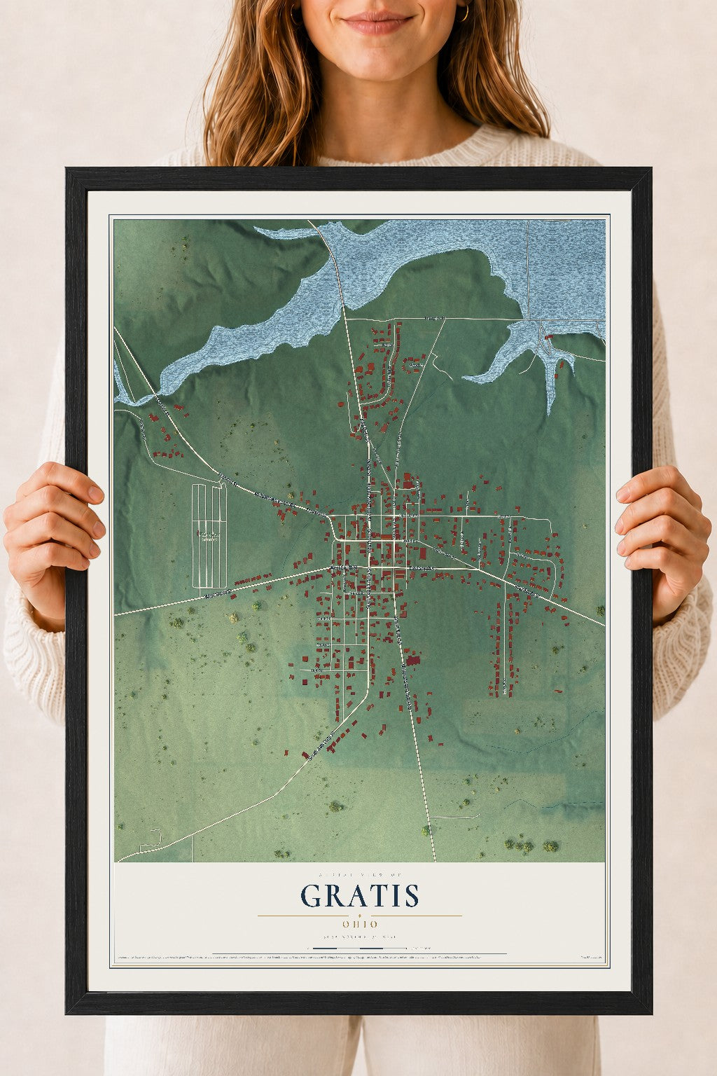 Map of Gratis, Ohio, 18 x 24 inch print in a black wood frame