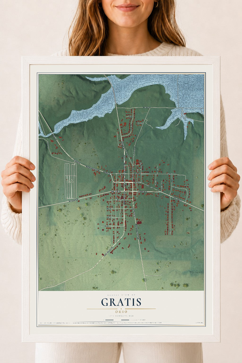 Map of Gratis, Ohio, 18 x 24 inch print in a white wood frame