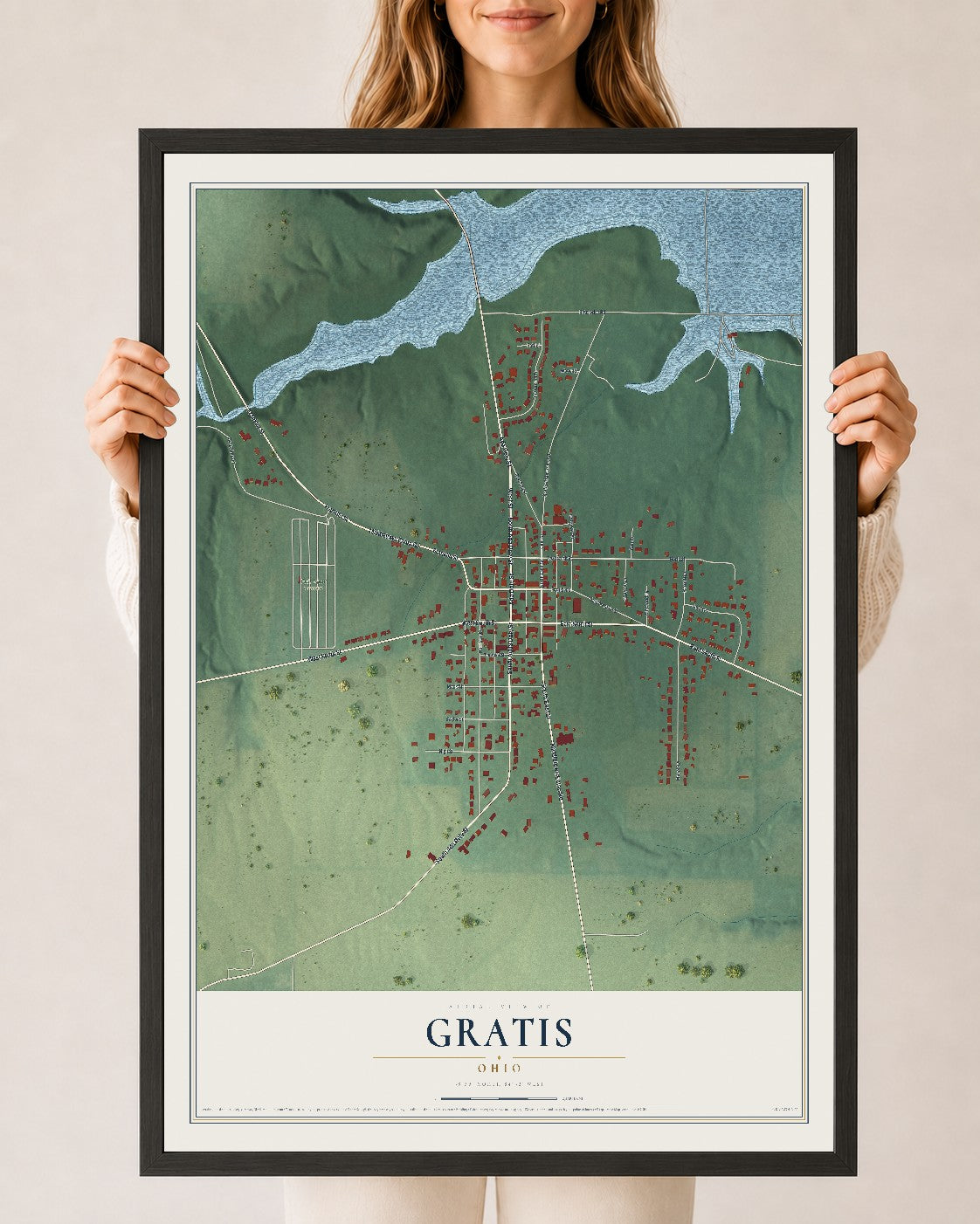 Map of Gratis, Ohio, 24 x 36 inch print in a black wood frame