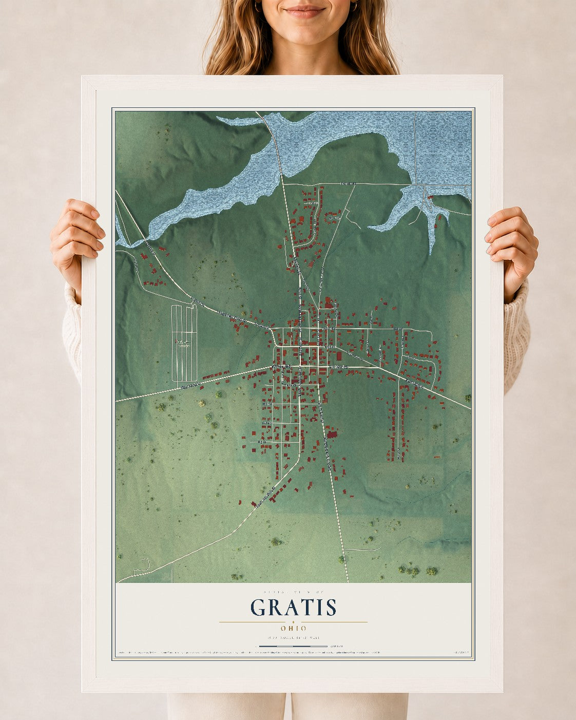 Map of Gratis, Ohio, 24 x 36 inch print in a white wood frame