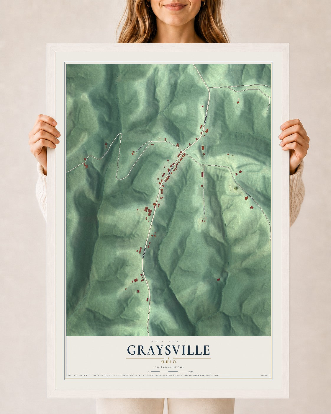 Map of Graysville, Ohio, 24 x 36 inch print in a white wood frame
