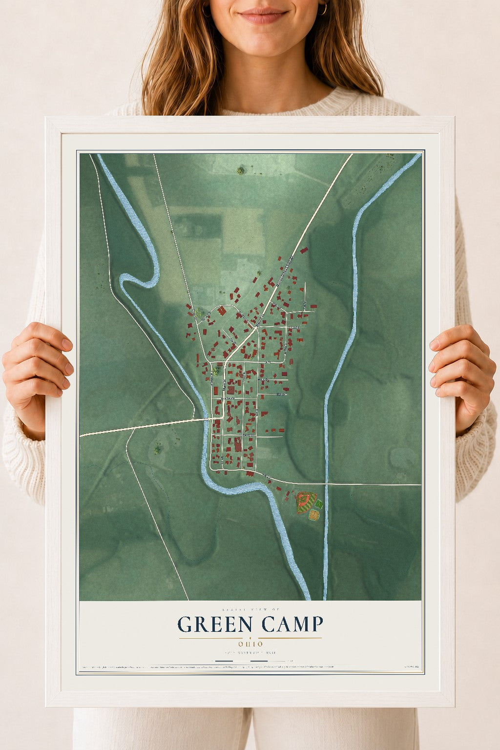 Map of Green Camp, Ohio, 18 x 24 inch print in a white wood frame