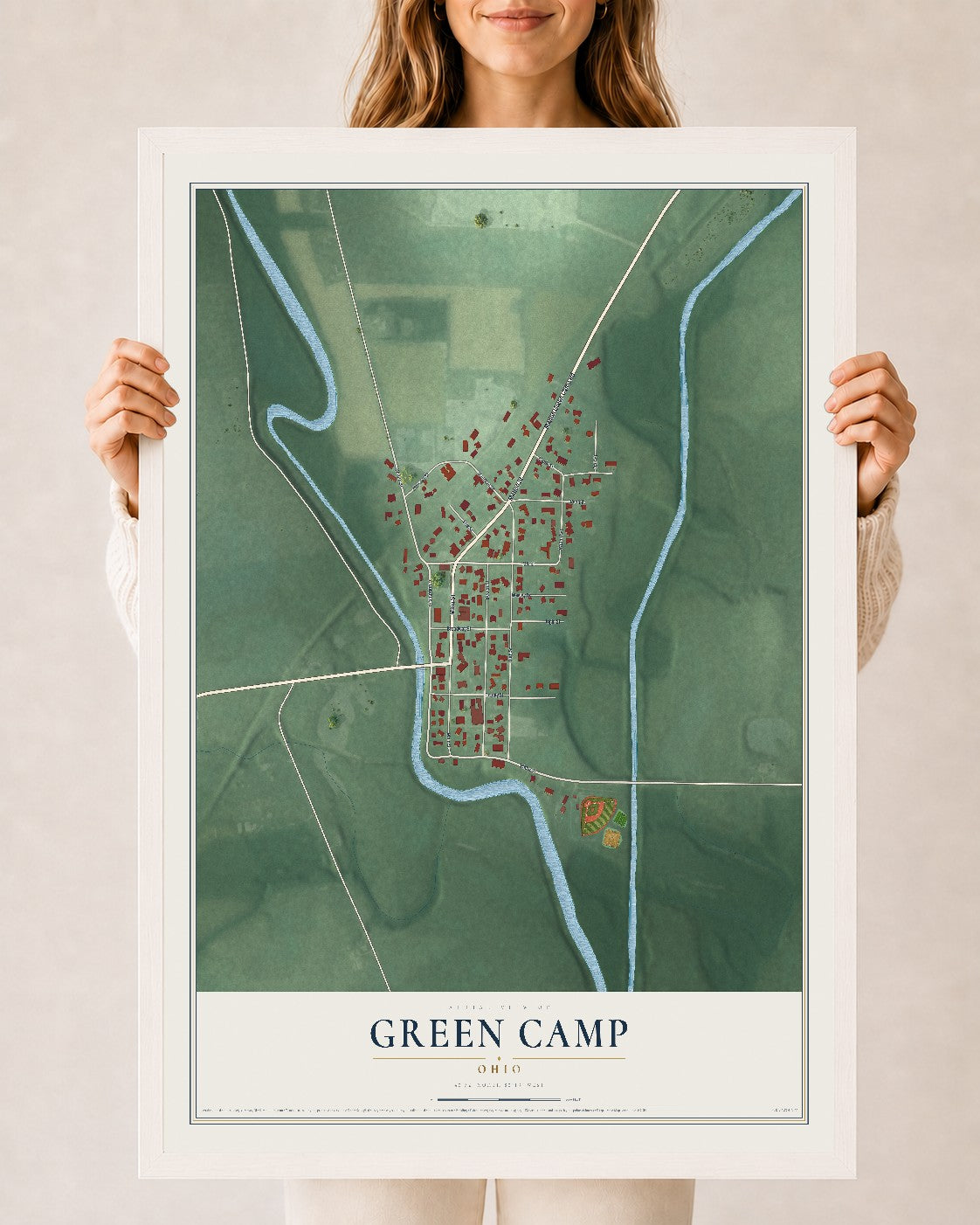 Map of Green Camp, Ohio, 24 x 36 inch print in a white wood frame