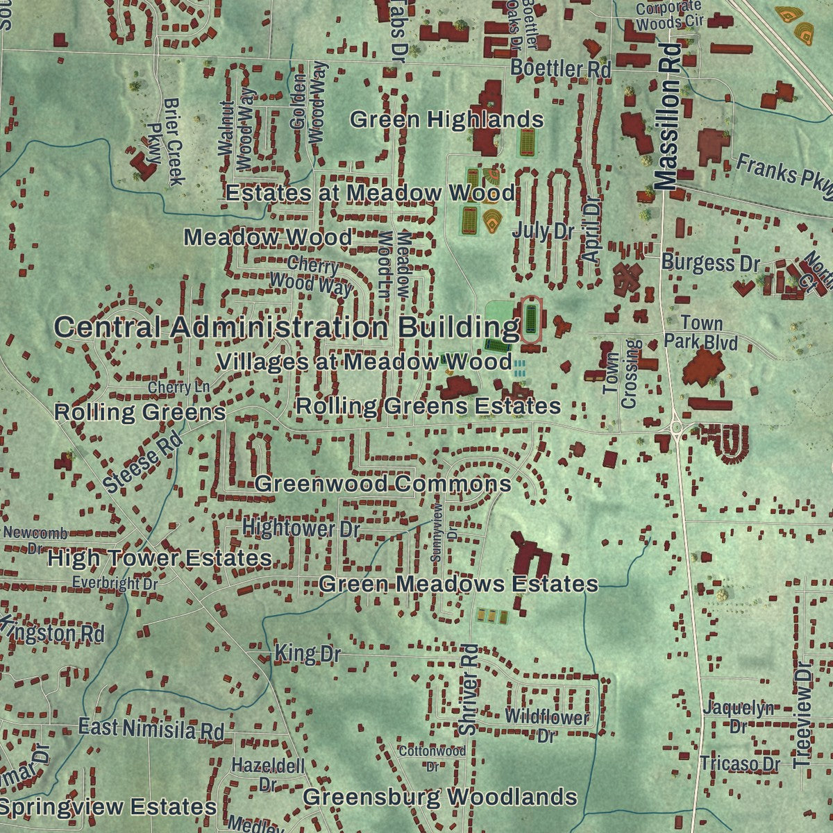 Close-up of the map of Green, Ohio print showing street and building detail