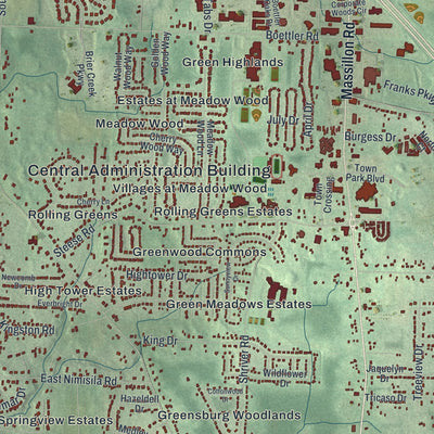 Close-up of the map of Green, Ohio print showing street and building detail