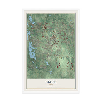 Map of Green, Ohio, 12 x 18 inch print in a white wood frame