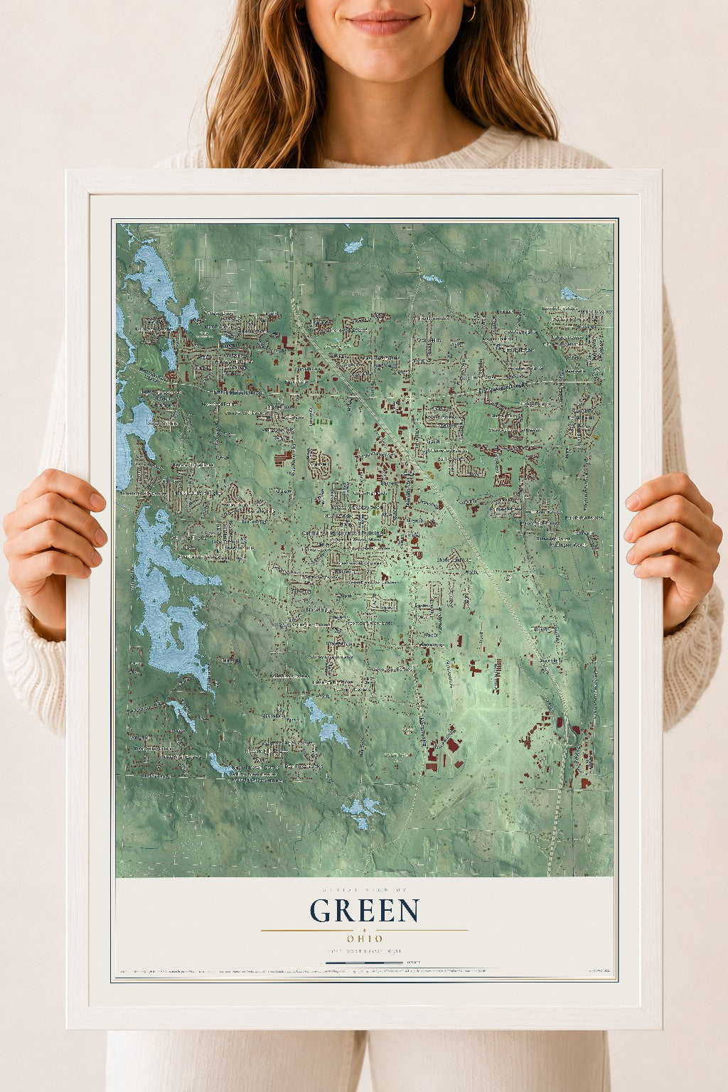 Map of Green, Ohio, 18 x 24 inch print in a white wood frame