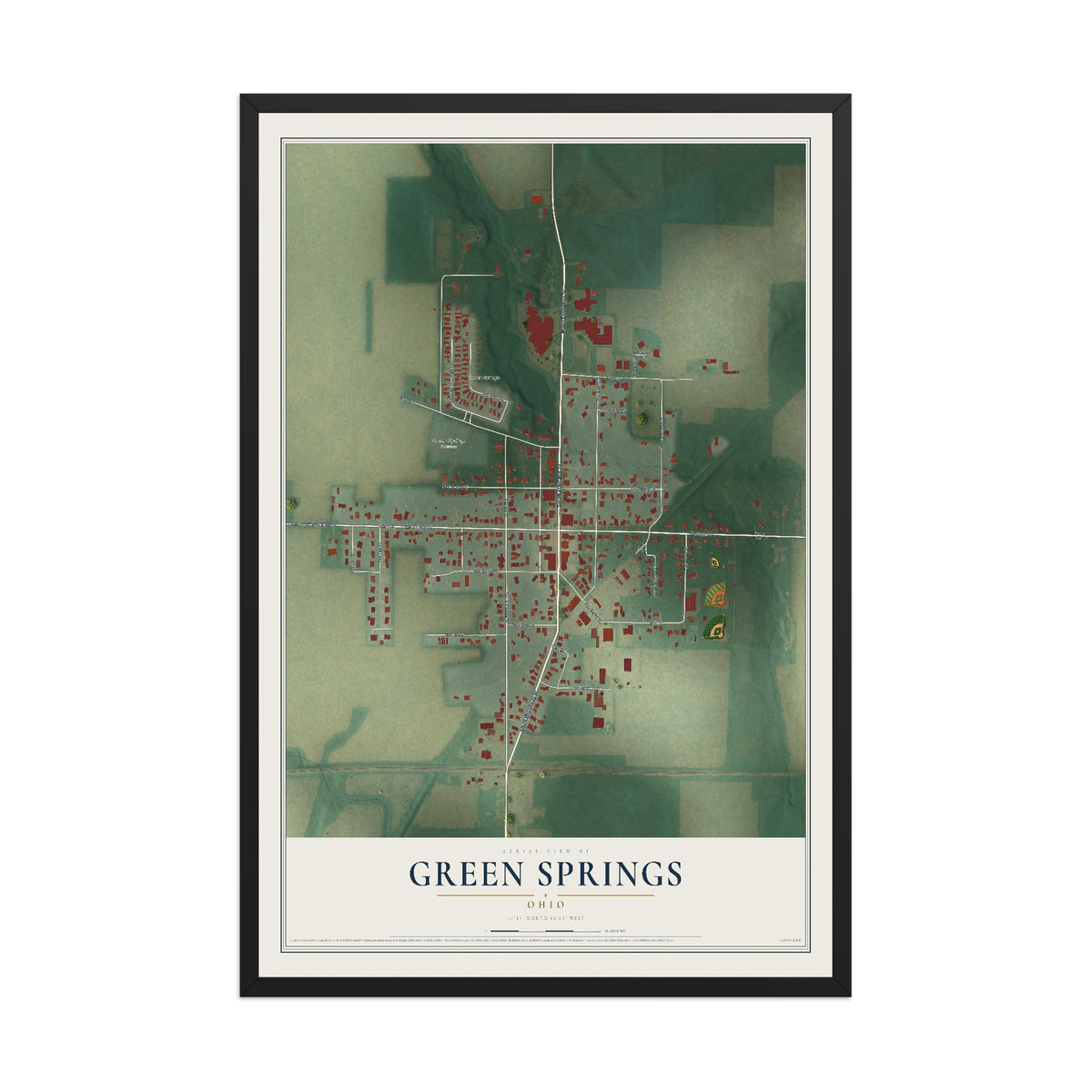 Map of Green Springs, Ohio, 12 x 18 inch print in a black wood frame