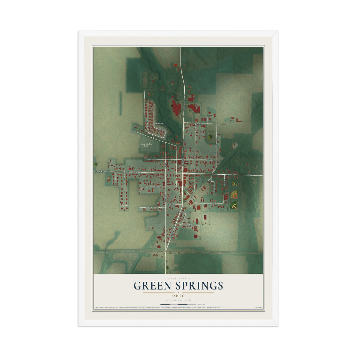 Map of Green Springs, Ohio, 12 x 18 inch print in a white wood frame
