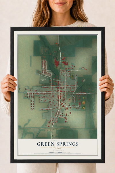 Map of Green Springs, Ohio, 18 x 24 inch print in a black wood frame