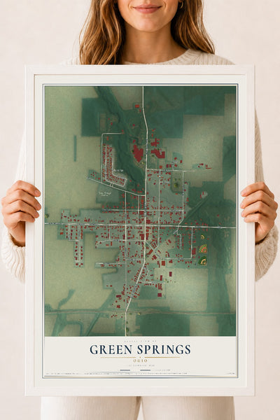 Map of Green Springs, Ohio, 18 x 24 inch print in a white wood frame