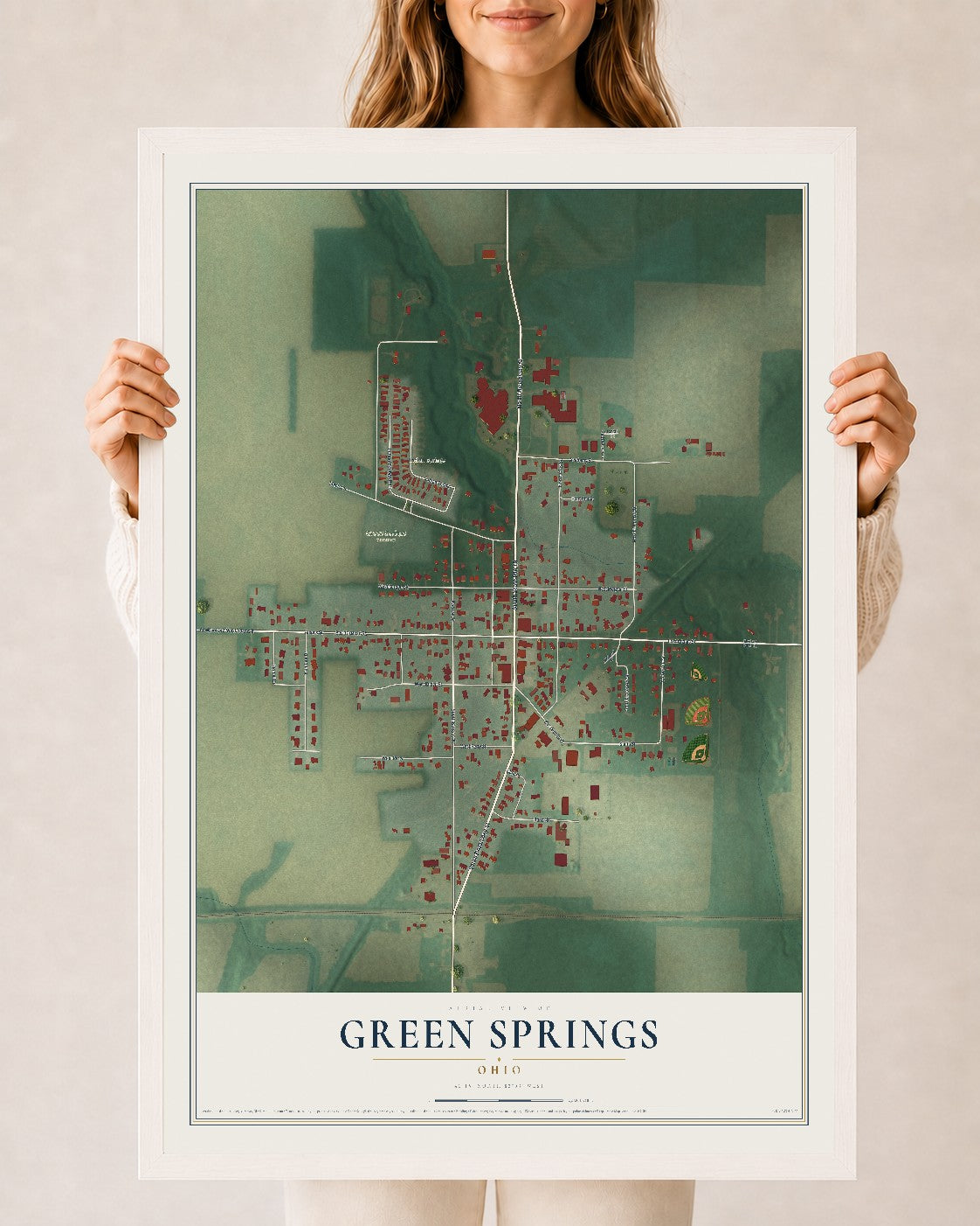 Map of Green Springs, Ohio, 24 x 36 inch print in a white wood frame