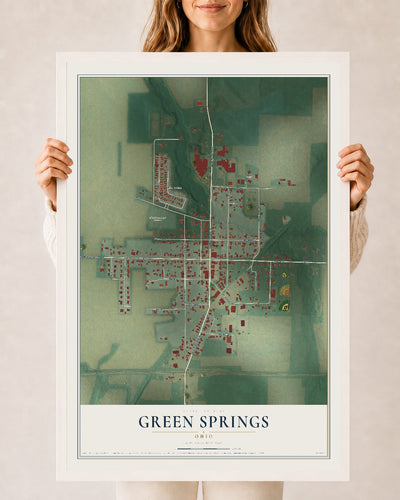 Map of Green Springs, Ohio, 24 x 36 inch print in a white wood frame