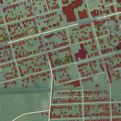 Close-up of the map of Greenfield, Ohio print showing street and building detail