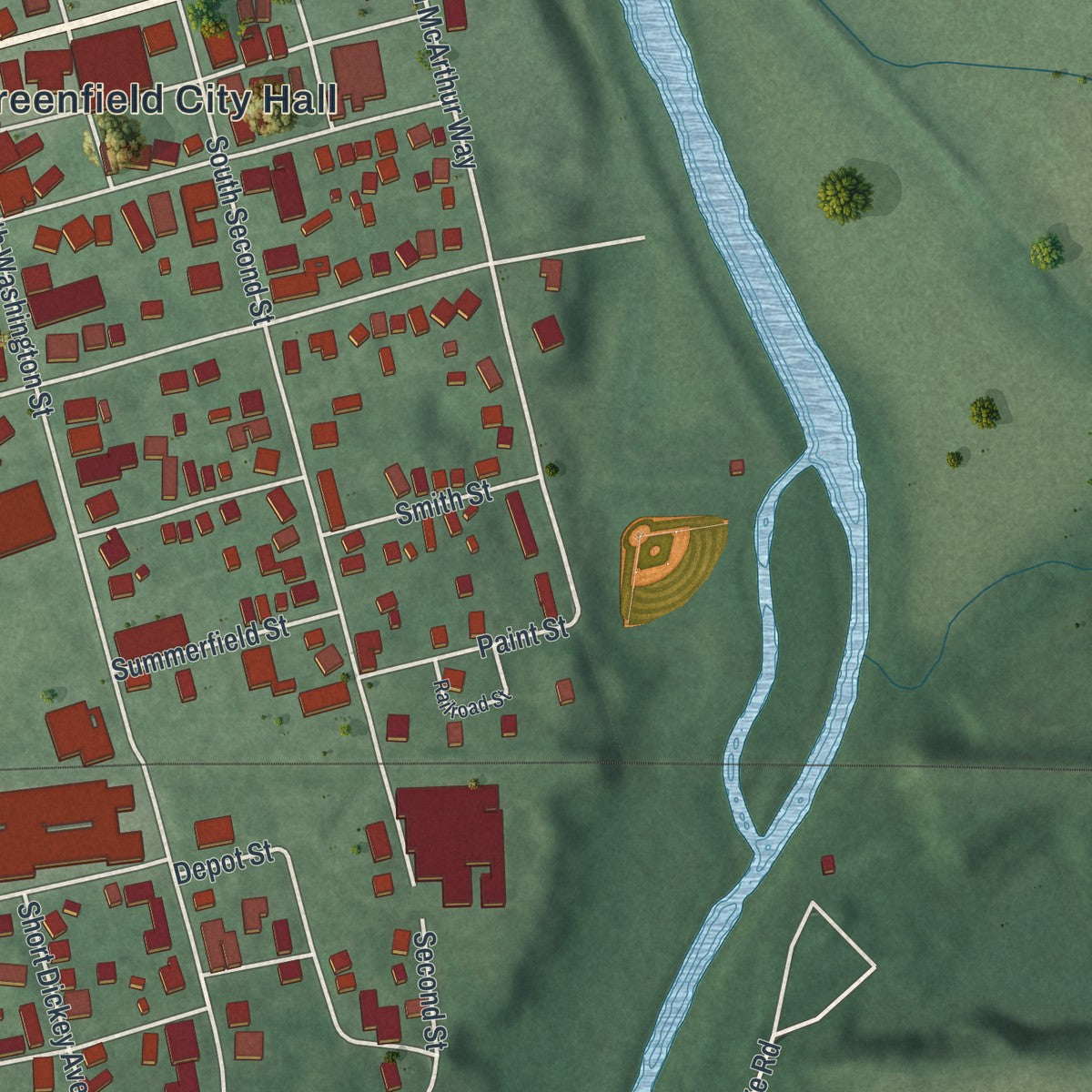 Second close-up of the map of Greenfield, Ohio print showing more streets and buildings