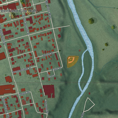 Second close-up of the map of Greenfield, Ohio print showing more streets and buildings
