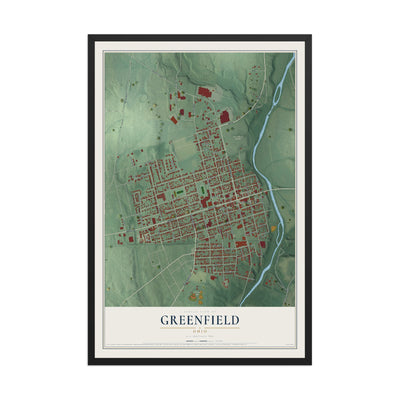 Map of Greenfield, Ohio, 12 x 18 inch print in a black wood frame