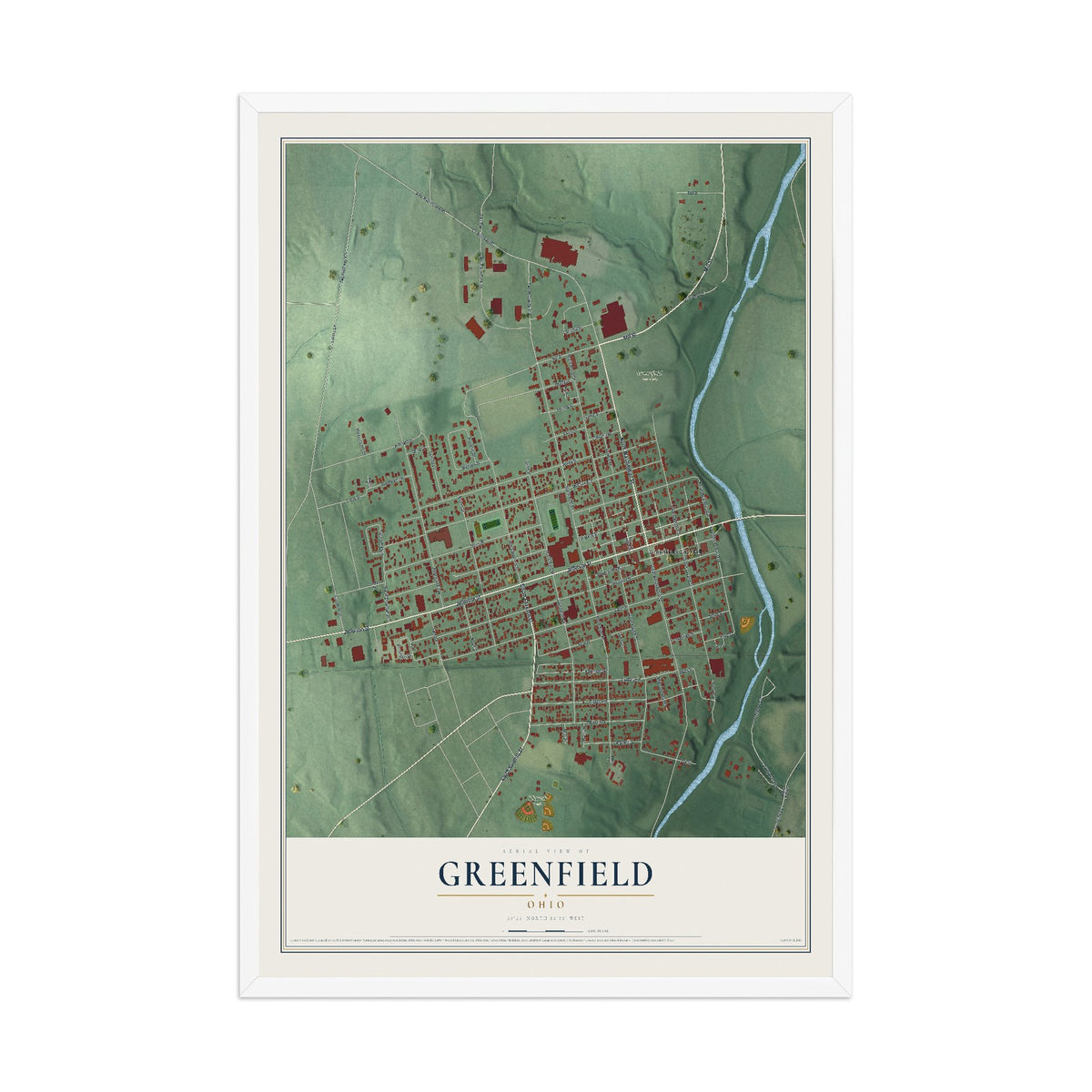 Map of Greenfield, Ohio, 12 x 18 inch print in a white wood frame