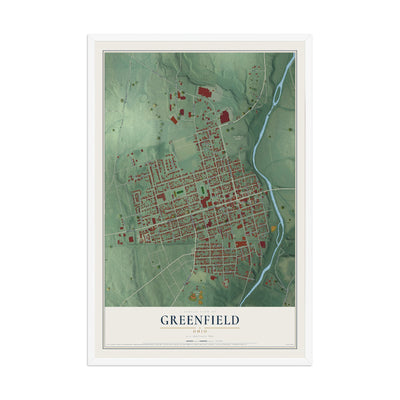 Map of Greenfield, Ohio, 12 x 18 inch print in a white wood frame