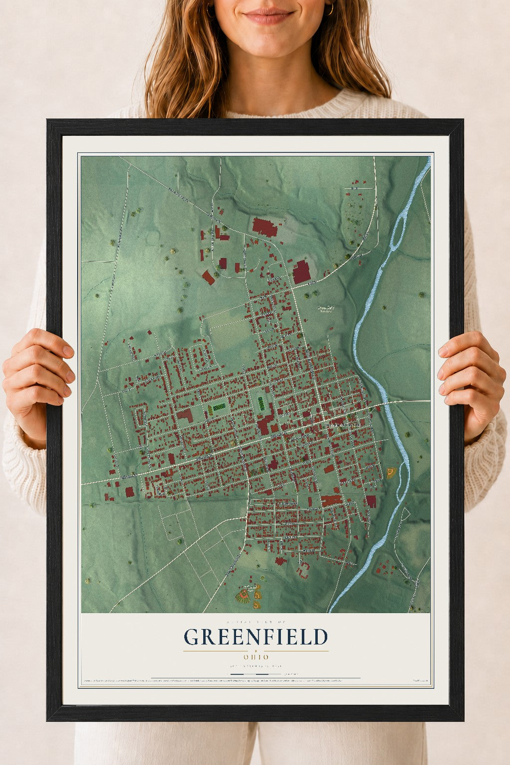 Map of Greenfield, Ohio, 18 x 24 inch print in a black wood frame